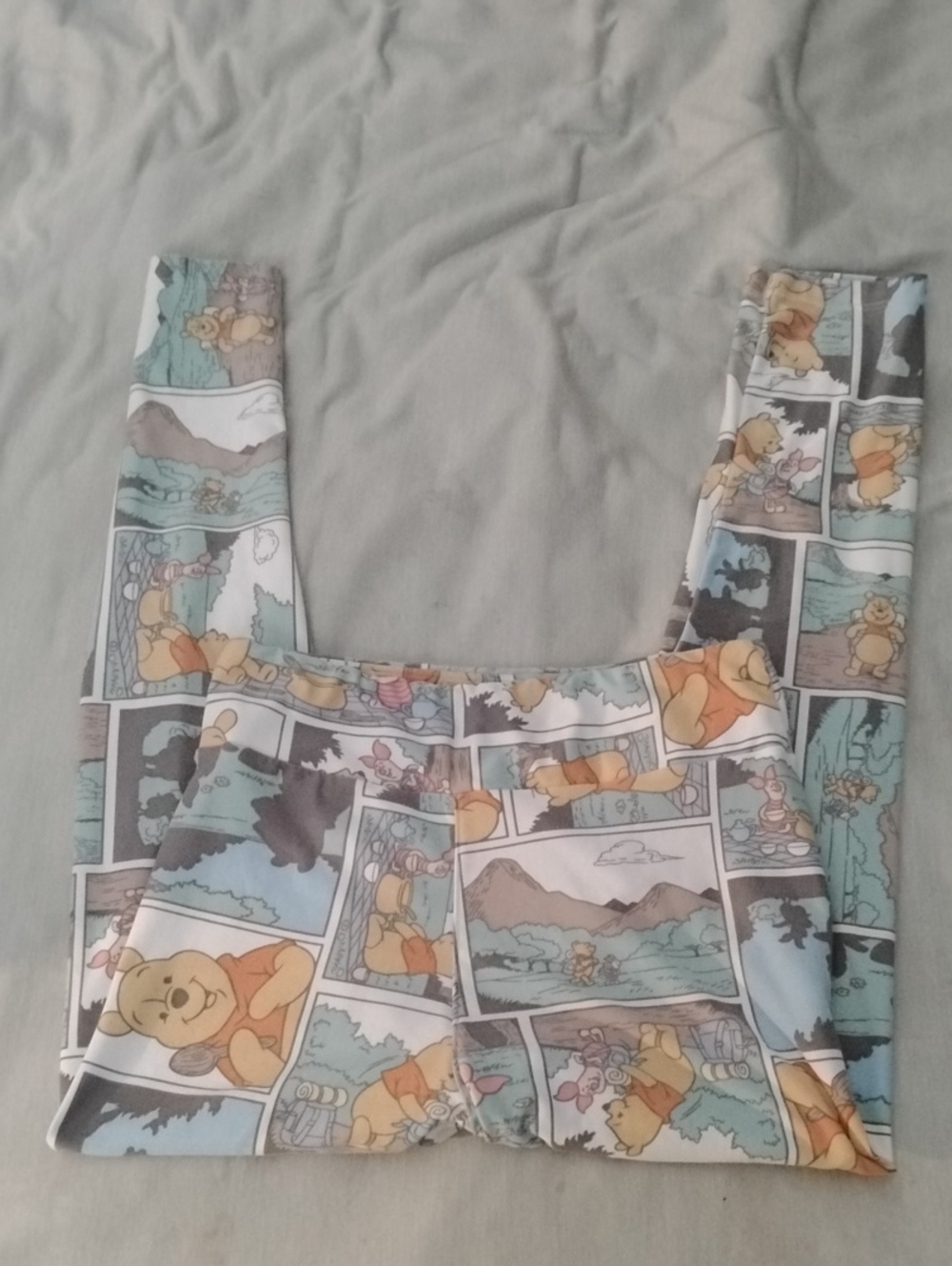 LuLaRoe Winnie the Pooh Comic Panel Leggings in Yellow, Light Blue, White, Brown
